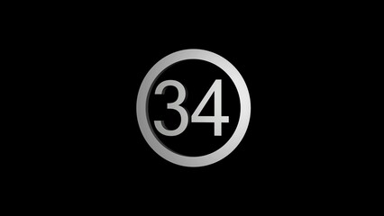 Number 34 Inside a Silver Circle on a Black Background thirty-four numeral