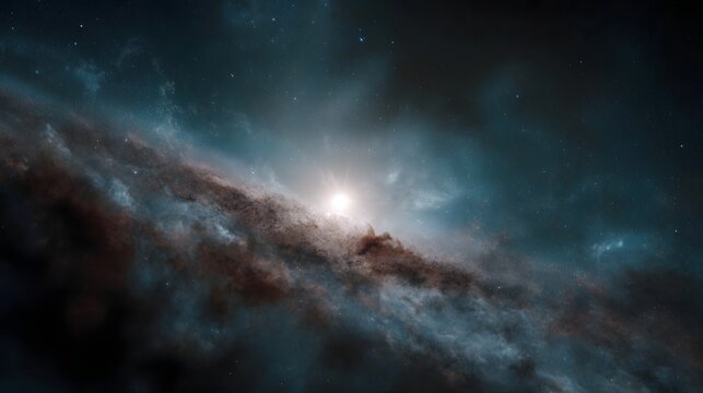 Luminous stellar system disk with swirling dust and gas clouds against a dark cosmic backdrop - Powered by Adobe