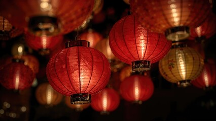 Obraz premium Colorful red and yellow paper lanterns hanging in the dark. Festive decoration, Asian cultural celebration, traditional lighting, vibrant atmosphere.