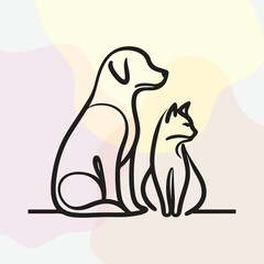 Minimalist black line-art illustration of a dog and cat sitting together
