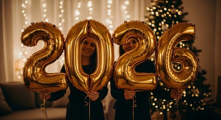 Two smiling women holding gold balloons forming the year 2026 with a Christmas tree in the background.