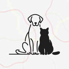 Minimalist black line-art illustration of a dog and cat sitting together