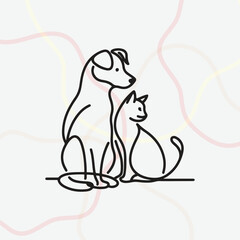 Minimalist black line-art illustration of a dog and cat sitting together