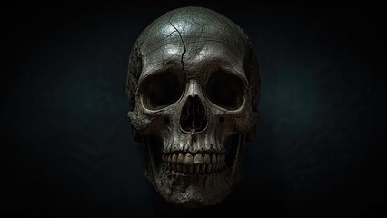 Fototapeta premium A human skull with cracks, dark background and ominous lighting.