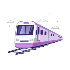 Naklejka premium Modern purple and white commuter train traveling on tracks with clouds overhead