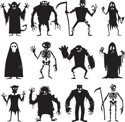 Halloween Monsters Silhouette Vector Set – Vampire, Zombie, Skeleton, and Ghost Icons