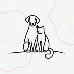 Minimalist black line-art illustration of a dog and cat sitting together