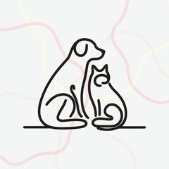 Minimalist black line-art illustration of a dog and cat sitting together