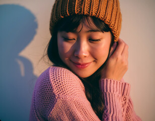 Woman in cozy winter outfit with soft sunset lighting