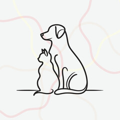 Minimalist black line-art illustration of a dog and cat sitting together
