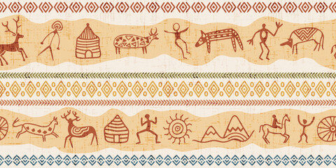 Seamless ethnic background, rock paintings and geometric ornament, naive art, petroglyph pattern, vector design