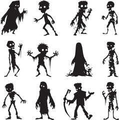 Halloween Monsters Silhouette Vector Set – Vampire, Zombie, Skeleton, and Ghost Icons
