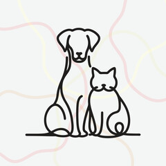 Minimalist black line-art illustration of a dog and cat sitting together