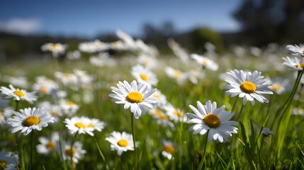 Fototapeta premium Numerous white and yellow blossoms fill a sunlit meadow under a clear blue sky