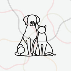 Minimalist black line-art illustration of a dog and cat sitting together