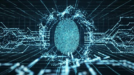 Digital fingerprint scan for biometric authentication. Futuristic identity verification process for cybersecurity and data access. Panning and tilting camera movement. - Powered by Adobe