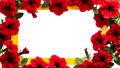 Bright red petunias frame a vibrant yellow rectangle, forming a floral border