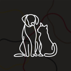 Minimalist black line-art illustration of a dog and cat sitting together
