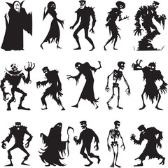 Halloween Monsters Silhouette Vector Set – Vampire, Zombie, Skeleton, and Ghost Icons