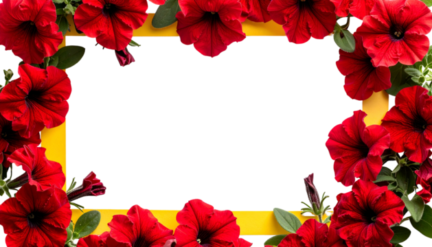 Bright red petunias frame a vibrant yellow rectangle, forming a floral border