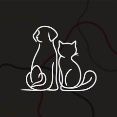 Minimalist black line-art illustration of a dog and cat sitting together