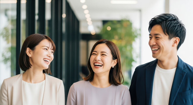 オフィスで笑い合う若手ビジネスパーソンのチーム
