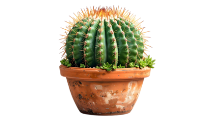 A round, spiky, green cactus sits in a clay pot against a black background