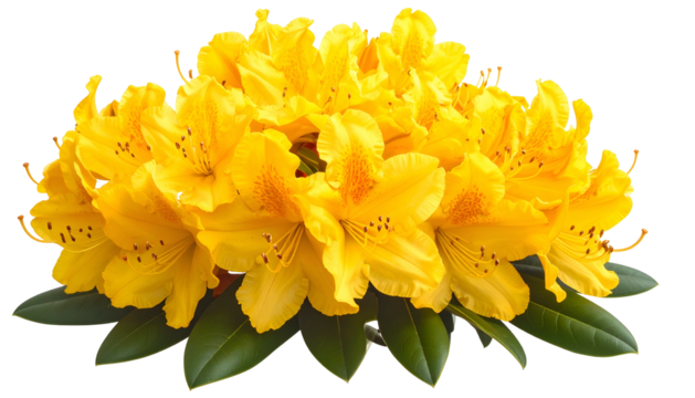 A vibrant cluster of large, yellow flowers with subtle orange markings and dark green leaves