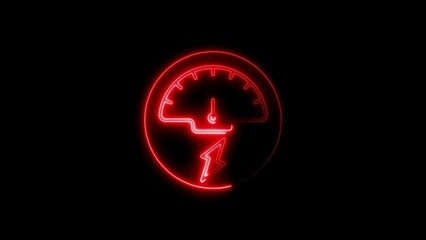 Red Neon Gauge Icon with Lightning Bolt on Black Background meter