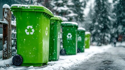 Green recycling bins standing in falling snow