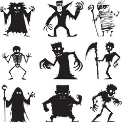 Halloween Monsters Silhouette Vector Set – Vampire, Zombie, Skeleton, and Ghost Icons