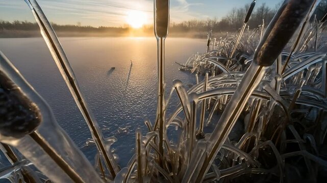 Frozen cattails sparkle at sunrise over an icy lake. Winter scene perfect for nature documentaries, weather reports, or seasonal marketing materials. Captures quiet beauty.
