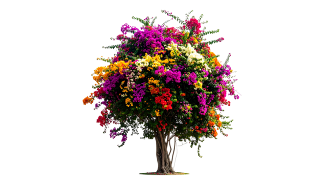 A vibrant bougainvillea tree, a burst of colorful blossoms against a black backdrop