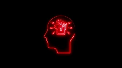 Red Neon Silhouette of Head with Fist and Lightning Bolts on Black Background image photo