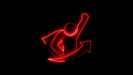 Red Neon Superhero Figure with Cape and Upraised Arm Against Black Background person © M.S