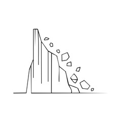 Simple line art icon of a landslide with falling rocks from a cliff. Natural disaster vector illustration.