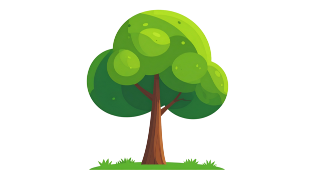 Simple cartoon tree with a leafy green canopy and brown trunk, on green grass