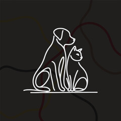 Minimalist black line-art illustration of a dog and cat sitting together