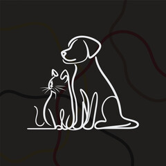 Minimalist black line-art illustration of a dog and cat sitting together