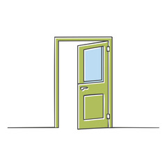 Open green door with a bright blue window symbolizing new opportunities and possibilities illustration