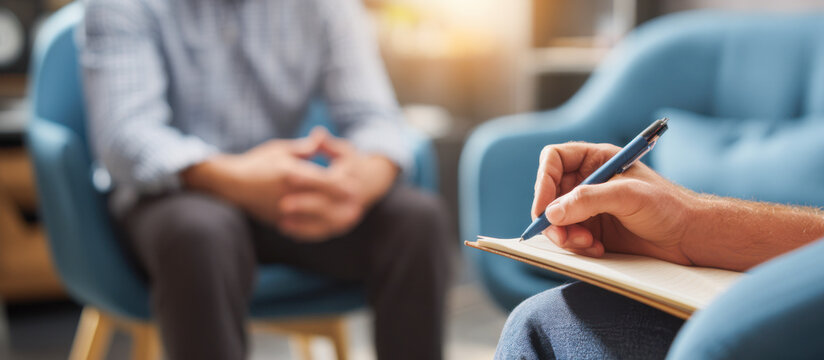 Therapist records notes during counseling session with client in comfortable setting