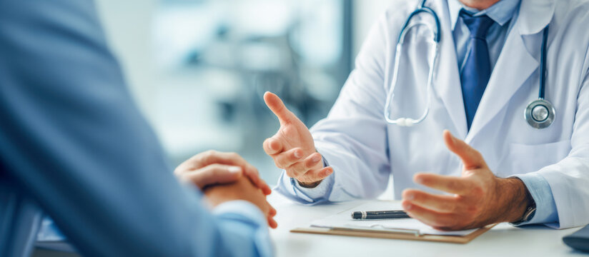 Medical professional discusses health concerns with a patient in a clinical setting