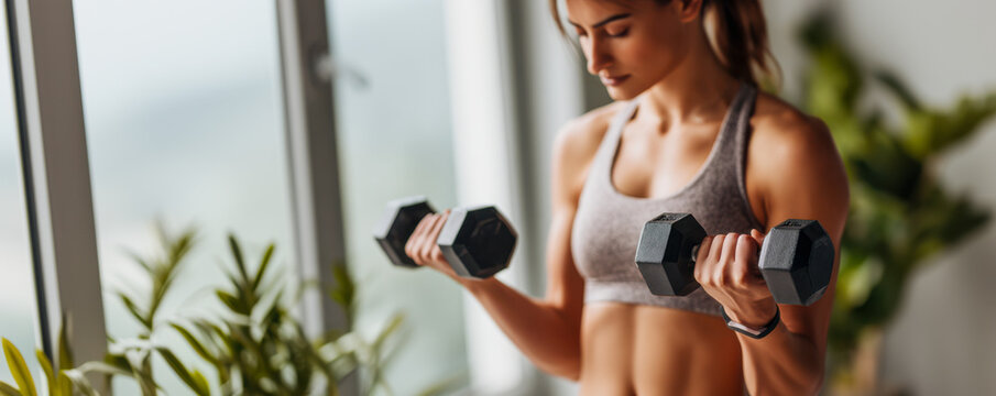 Athlete focuses on strength training with dumbbells during home workout session - Powered by Adobe