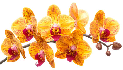 Naklejka na ściany i meble Branch of vibrant yellow orchids with red centers, isolated on a black background