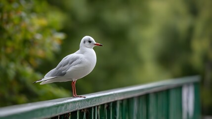 Obraz premium Small white seabird with reddish legs perched upon a painted green railing outdoors