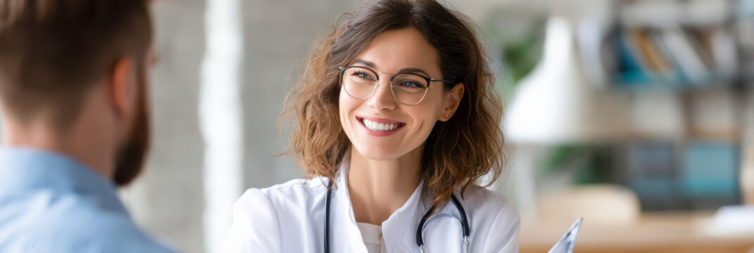 Physician listens attentively to patient during a routine check-up in a bright office setting
