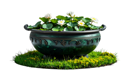 A large ornamental pot, filled with lily pads and flowers, sits atop lush green moss