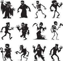 Halloween Monsters Silhouette Vector Set – Vampire, Zombie, Skeleton, and Ghost Icons
