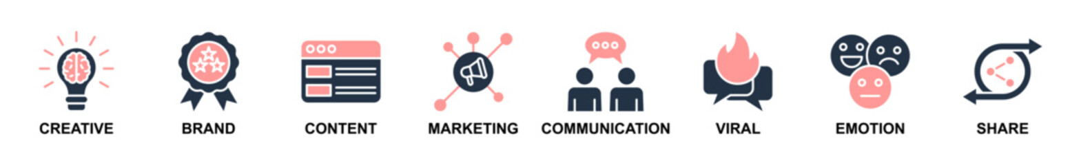 Banner web of Storytelling icons vector illustration. Concept of creative, brand, content, marketing, communication, viral, emotion and share. Simple solid vector illustration.