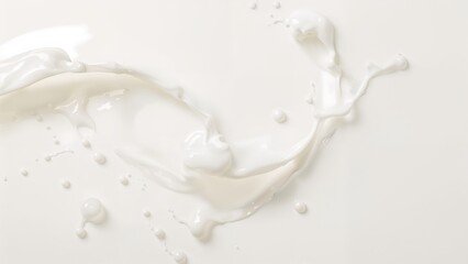 Cream splash with floating droplets on a white background.